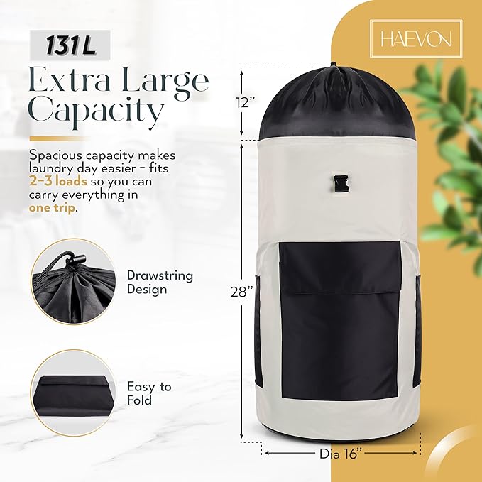 Haevon Laundry Backpack - 131L Heavy Duty Laundry Bag with Padded Shoulder & Waist Straps, Removable Liner College, Dorm, Apartment, Travel, Outdoor - Big Laundry Bag for Easy Carrying (Grey Black)