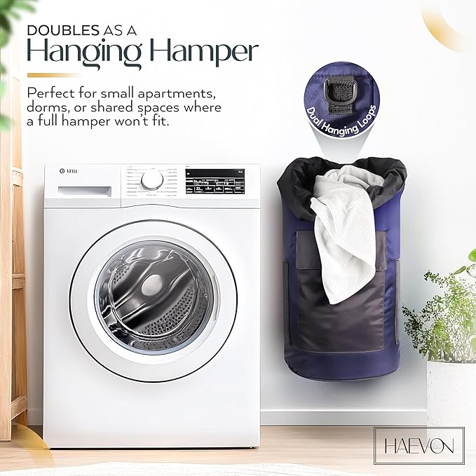 HAEVON Laundry Backpack - 131L Heavy Duty Laundry Bag with Padded Shoulder & Waist Straps, Removable Liner - College, Dorm, Apartment, Travel, Outdoor - Big Laundry Bag for Easy Carrying (Blue Black)