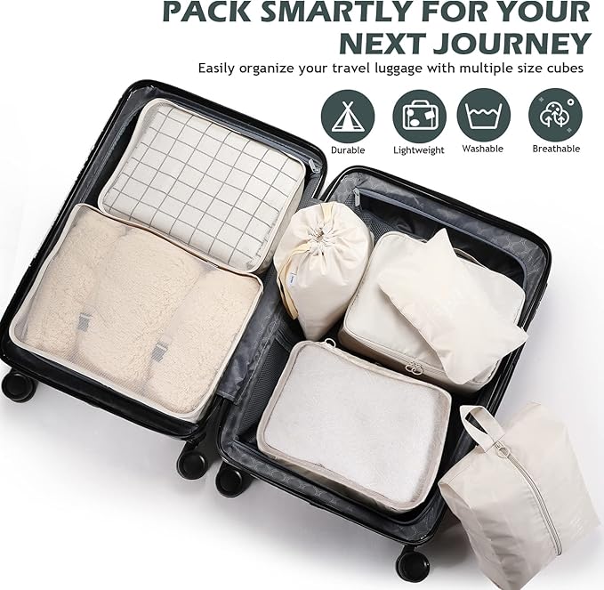 Chumia 21 Set Packing Cubes Back to School Travel Clothes Luggage Suitcases Organizer Trip College Dorm Toiletry Shoes Bag(Beige, Gray, Lake Blue)