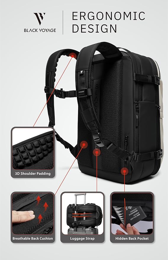 BlackVoyage Vortex Vacuum Seal Travel Backpack 60L Expandable Air Compression System Water Resistant TSA Lock Carry-On Suitcase Luggage White AERO - Vacuum Pump Included