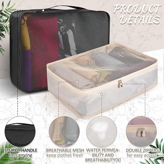 Silkfly 8 Pcs XL Packing Cube for Travel Luggage Organizer Suitcase High Capacity Large Packing Bag Bulk Reusable Mesh Travel Cube for Hiking Camping Accessory, 17.7 x 13 x 4.7 Inch (Black Beige)
