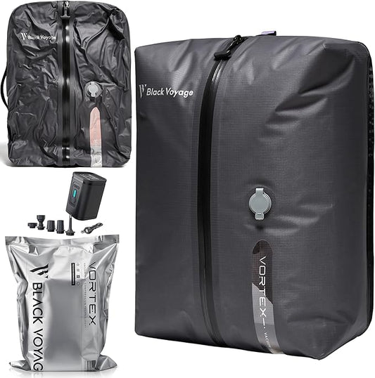 Black Voyage Reusable Vacuum Compression Travel Bag for Carry-On Suitcase and Backpack, Recycled IP67 Waterproof Space Saver Vacpack (1-Pack, 18L - Pump Included)
