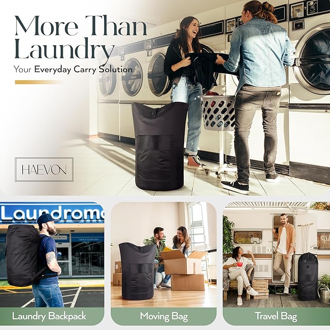 Haevon Laundry Backpack - 131L Heavy Duty Laundry Bag with Padded Shoulder & Waist Straps, Removable Liner - College, Dorm, Apartment, Travel, Outdoor - Big Laundry Bag for Easy Carrying (Black)