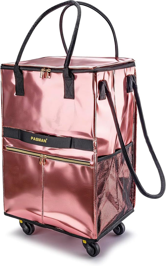 Reusable Grocery Bag on 5 Wheels, Foldable Rolling Tote Bag with Handle and Zipper Cover, Heavy Duty Shopping Cart for Laundry, Market & Travel (Pink, Medium_67L)