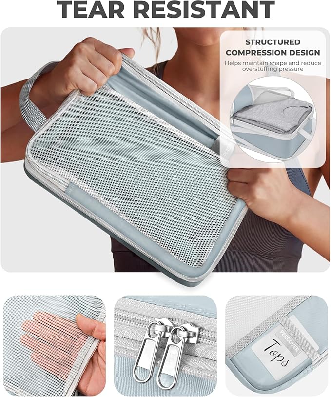 Percover Compression Packing Cubes for Travel, 10-Piece Structured Compression Organizer Set with Toiletry Bag, Laundry Bag & Shoe Bag for Carry-On & Checked Luggage, Slate Blue