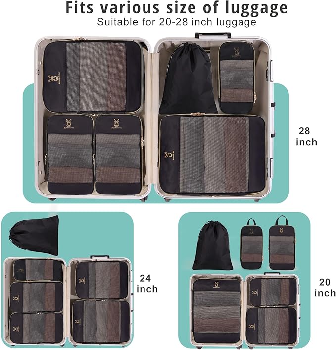 6/8 Sets Compression Packing Cubes for Travel, Bunnychill Portable Zipper Packing Cube for Cloting, Expandable Space Saver Storage Luggage Organizer Bags for Suitcases