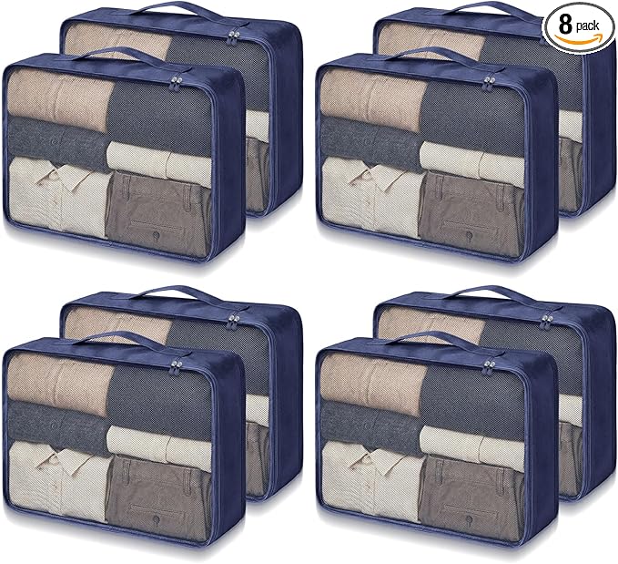 Silkfly 8 Pcs XL Packing Cube for Travel Luggage Organizer Suitcase High Capacity Large Packing Bag Bulk Reusable Mesh Travel Cube for Hiking Camping Accessory, 17.7 x 13 x 4.7 Inch (Navy Blue)