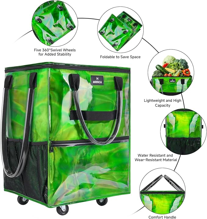 Reusable Grocery Bag On Wheels, 70L Foldable Shopping Cart with Multiple Pockets & 3-Way Carry System, Zippered Top, Heavy Duty Handles for Groceries, Camping, Moving, Medium, Gradient Green