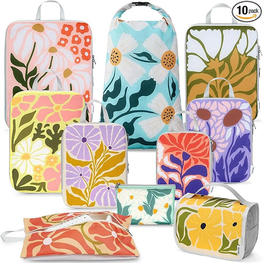 Gonex Compression Packing Cubes, 10pcs Expandable Storage Travel Luggage Bags Organizers with Hanging Toiletry Bag Laundry Bag Shoe Bag Accessories Bag, Travel Cubes for Suitcase Carry On (Flowers)