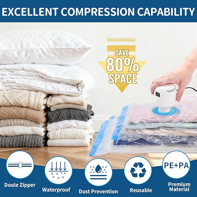 Jumbo Vacuum Storage Bags with Electric Pump, 8-Pack Heavy Duty Reusable Space Saver Bags for Comforters, Bedding, Blankets, Clothes - Home Organization & Travel