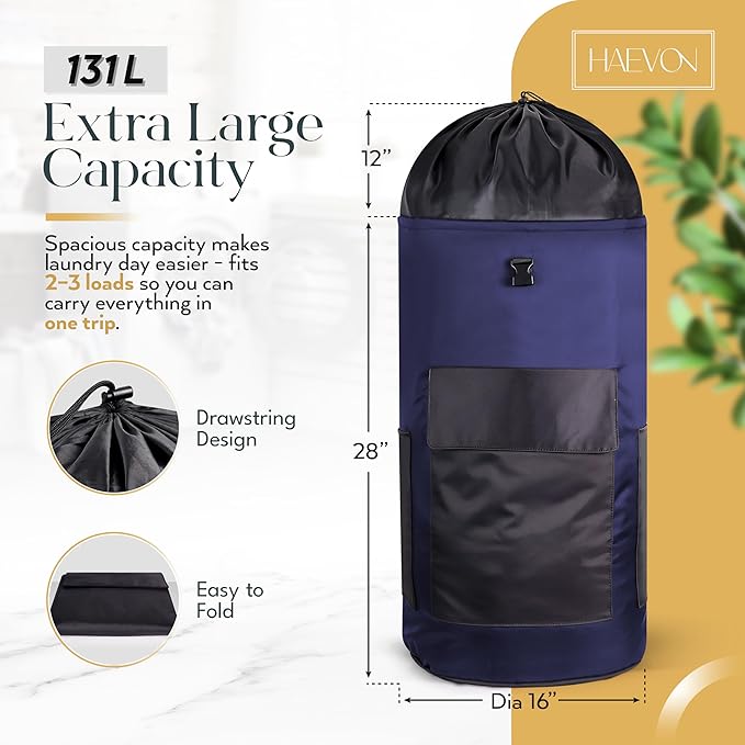 HAEVON Laundry Backpack - 131L Heavy Duty Laundry Bag with Padded Shoulder & Waist Straps, Removable Liner - College, Dorm, Apartment, Travel, Outdoor - Big Laundry Bag for Easy Carrying (Blue Black)