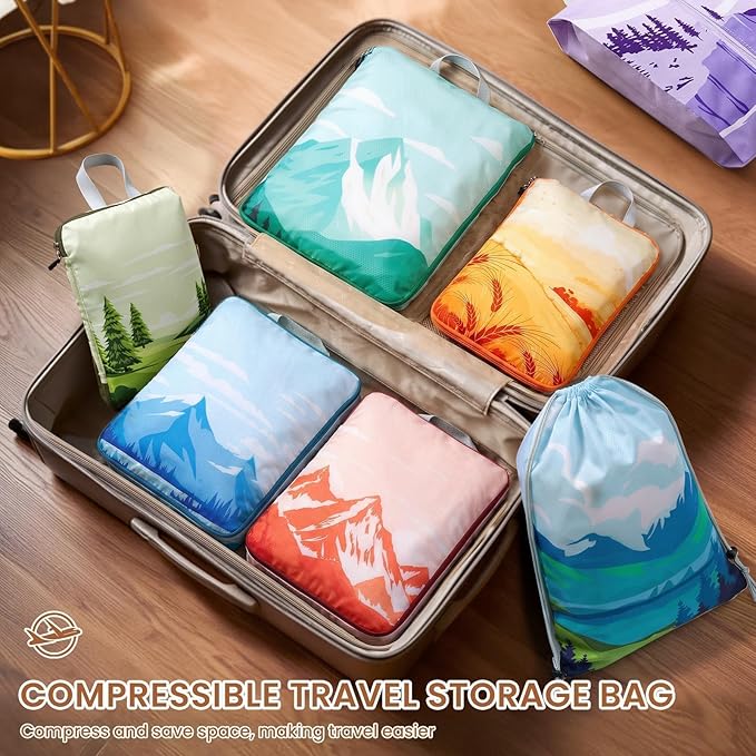 7-Piece Compression Packing Cubes for Travel, Patterned Expandable Luggage Organizer Bags with Double Zipper & Mesh Panel, Shoe Bag & Drawstring Bag for Carry-On, Vacation, Camping