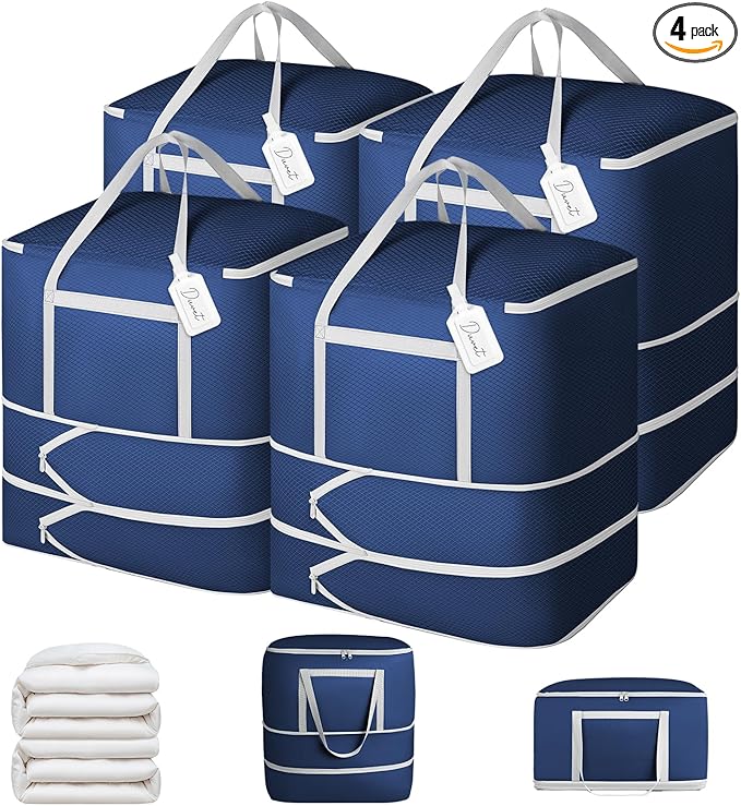 Comforter Storage Bag - 120L Bedding Storage Bags for Moving Closet, Washable Blanket Storage Bag, Ultra Space Saving Self Compression Organizer, 4-Pack, Navy Blue