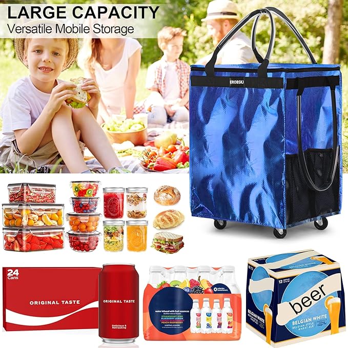 (Medium, Navy Blue) Reusable Grocery Bag on Wheels, 70L Foldable Rolling Tote, Carries Up to 66 lbs Shopping Trolley, Zipper Clouser Shopping Carts for Trips, Laundry, 4 Heavy Duty Wheels
