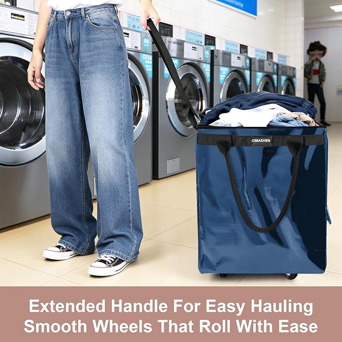 (Medium,Navy Blue) Reusable Grocery Bag on 4 Wheels, Foldable Rolling Tote Bag with 3 Handles and Zipper, Storage Organizer for Groceries, Rolling Shopping Cart for Travel, 76lb