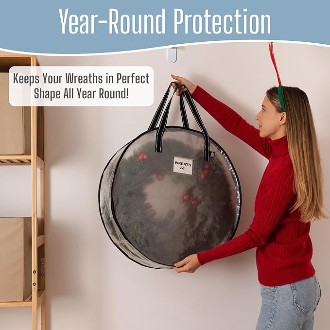 VENO 24 Inch Wreath Storage Container, 2 Pack Clear Round Christmas Wreath Storage Bag, Heavy Duty Clear Holder with Wall Hanging Handles