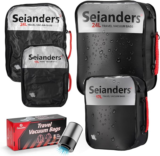 Vacuum Travel Bags with Pump for Car Camping & Backpacking - 6.0kPa Wireless Pump, Odor/Waterproof Anti-Rip Nylon Organizer & Space Saver (24L*1, 17L*1, 2-Pack)