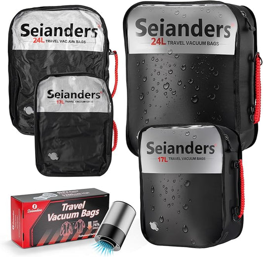 Vacuum Travel Bags with Pump for Car Camping & Backpacking - 6.0kPa Wireless Pump, Odor/Waterproof Anti-Rip Nylon Organizer & Space Saver (24L*1, 17L*1, 2-Pack)