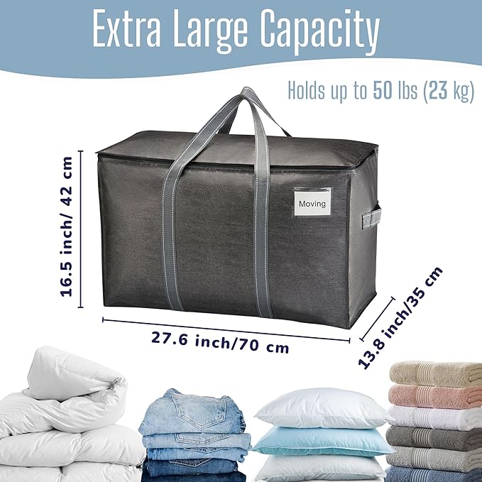 VENO 2 Pack Heavy Duty Moving Bags, Extra Large Storage Bags with Reinforced Handles & Strong Zippers, Foldable & Reusable Moving Box Alternative for Clothes & Dorm Storage