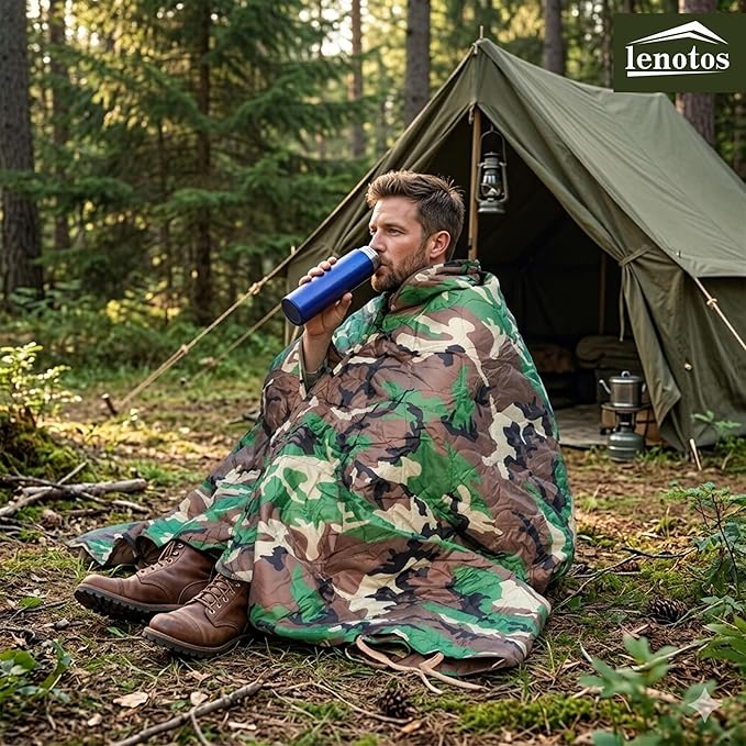 Lenotos Woobie Blanket, Thermal Insulated Military Poncho Liner, Water-Resistant, Portable, Insulation, for Hiking, Survival with Compression Carry Bag (Forest)