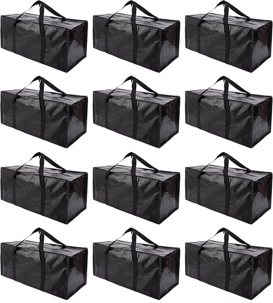 PANDA JOYS Extra Large Moving Bags with Zippers & Carrying Handles, Heavy-Duty Storage Tote for Space Saving Moving Storage, Fold Flat, Alternative to Box and Bin - 12 Pack, Black