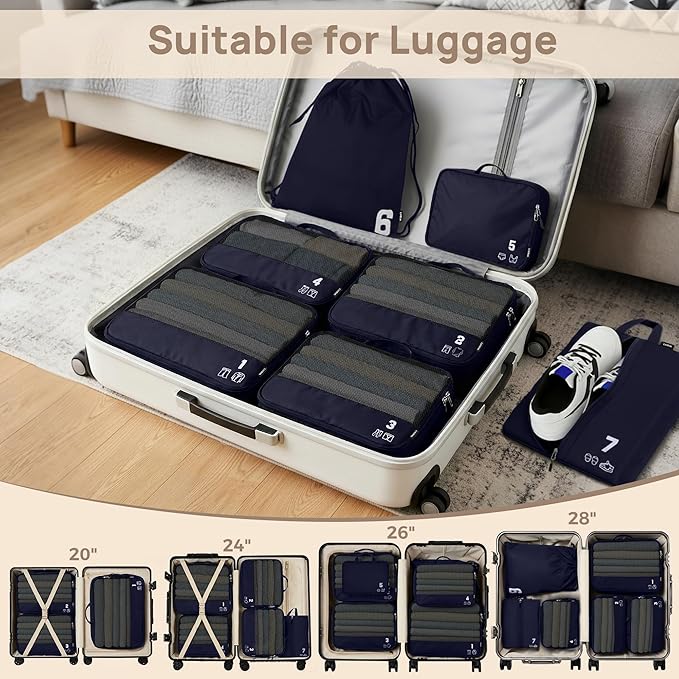 7 Set Compression Packing Cubes for Travel, Luggage Organizer Bags for Suitcases with Mesh Panels, Shoe Bag & Toiletry Bag for Carry On, Vacation & Cruise Essentials (Navy Blue)