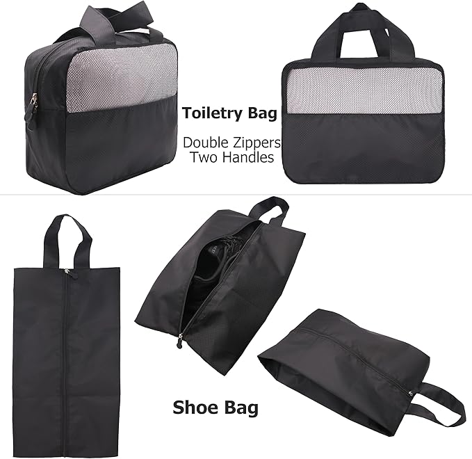 DoubleTrip 9-Piece Black Travel Organizer Set with 4 Packing Cubes, Cosmetic Organizer, Shoe & Electronics Pouches, and Accessories & Laundry Bag for Luggage Storage & Travel Essentials