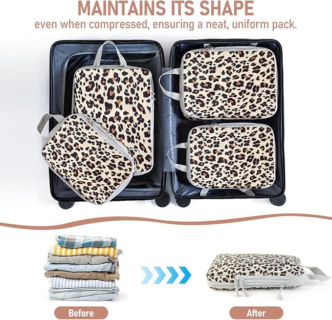 6 Set Compression Packing Cubes, Suitcase Organizer, Lightweight Travel Essentials, Compression Bags For Travel Accessories Luggage Storage Set (6Pcs, Brown Leopard)