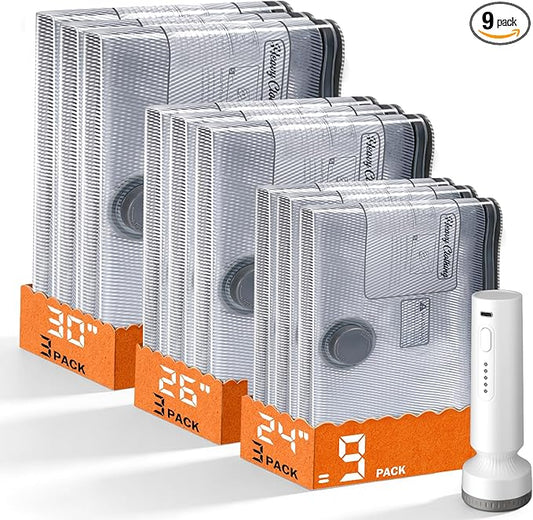 9 Pack Vacuum Storage Bags with Pump, Space Saver Travel Bags with Rechargeable Wireless Pump, Reusable Tear-Proof Compression Packing Cubes for Heavy Clothes/Bedding/Luggage/Moving 9 Combo Size