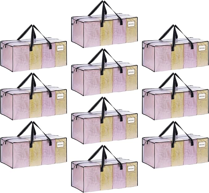 VENO 10 Pack Heavy Duty Moving Bags, Clear Packing Bags for Easy Visibility, Alternative to Moving Boxes, Storage Bins for Clothes, Blankets, Comforters, College Dorm Essentials (Clear, 10 Pack)