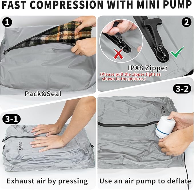 Reusable Vacuum Bags With Pump for Travel,Professional Waterproof IPX8 Vacuum Compression Bag for Suitcases Backpack,Space Saver Bags Packing Organizers for Clothing Packing(2 Pack,Gray)