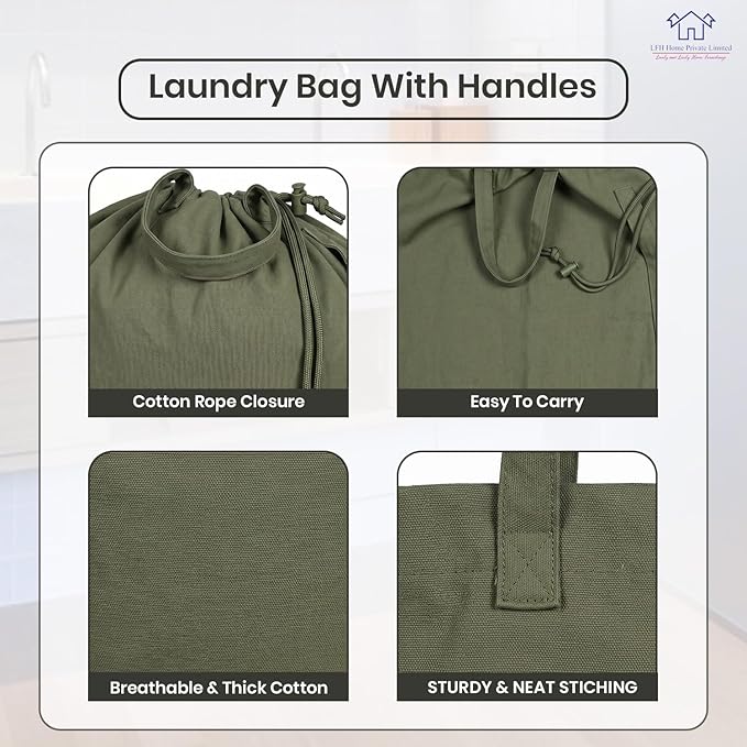 LFH Home Large Premium 1pack Cotton Canvas Laundry Bag with Drawstring and Handles Heavy Duty, Multi-Use, and Washable for Home, Travel, College or Storage 20x30-Militray Green
