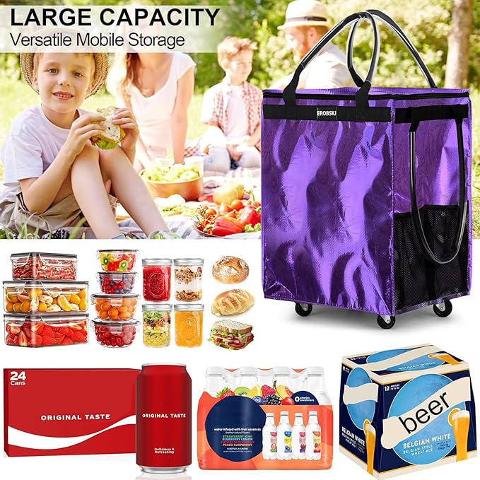 (Medium, Light Purple) Reusable Grocery Bag on Wheels, 70L Foldable Rolling Tote, Carries Up to 66 lbs Shopping Trolley, Zipper Clouser Shopping Carts for Trips, Laundry, 4 Heavy Duty Wheels