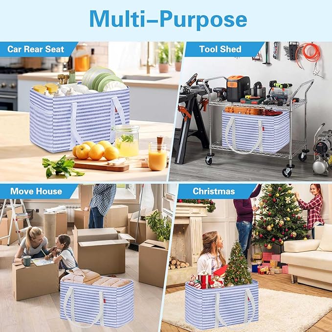 LHZK 2 Pack Utility Tote Bag with Metal Wire Frame and the Sides Rinforced, Large Tote Bag with Handle, Reusable Grocery Bags Foldable, Beach Bag, Car Tote (Blue, 18.5''x11.8''x11.5'')
