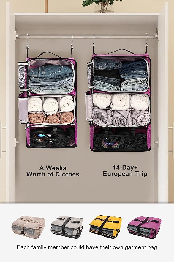 ELEZAY Hanging Packing Cubes Portable Closet 3-Shelf Travel Collapsible Compression Garment Organizer for Carry-on Luggage Suitcase Space Saver Bag X-Large_No Side Pockets, Purple
