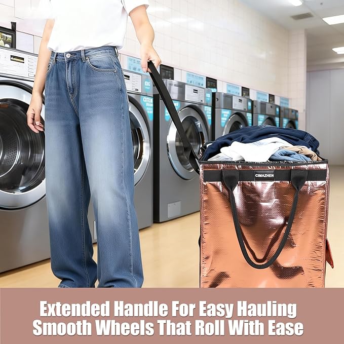 (Medium,Rose Gold) Reusable Grocery Bag on 4 Wheels, Foldable Rolling Tote Bag with 3 Handles and Zipper, Storage Organizer for Groceries, Rolling Shopping Cart for Travel, 76lb