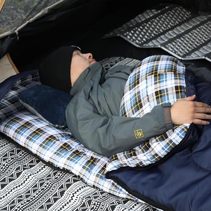 REDCAMP Flannel Sleeping Bag for Adults, Comfortable Cotton Envelope Sleeping Bags for Camping, Backpacking, Hiking, with Detachable Hood&Compression Sack, Blue/Red/Grey/Black