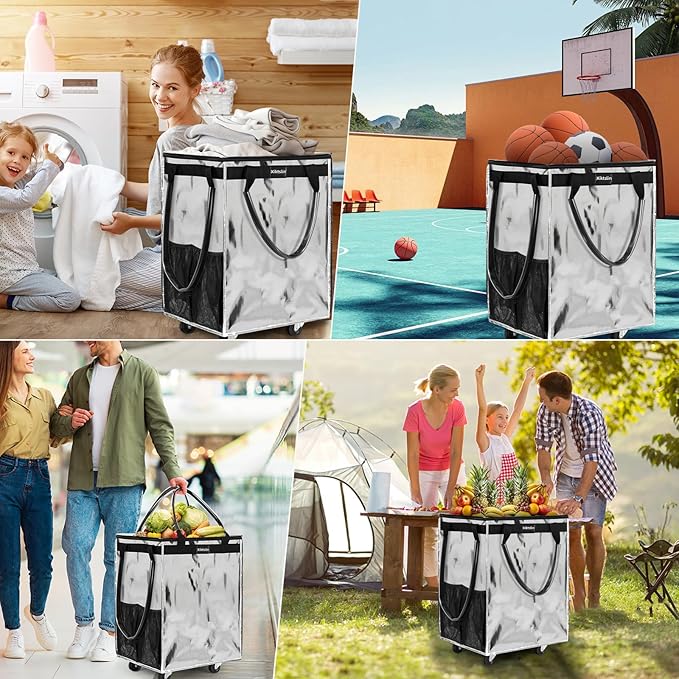 (Large,Silver) Reusable Grocery Bag on 5 Wheels, Foldable Rolling Tote Carries Up to 76lb Shopping Trolley, Rolling Bag with 3 Handles, Zipper Clouser Rolling Tote Bag with Wheels for Laundry