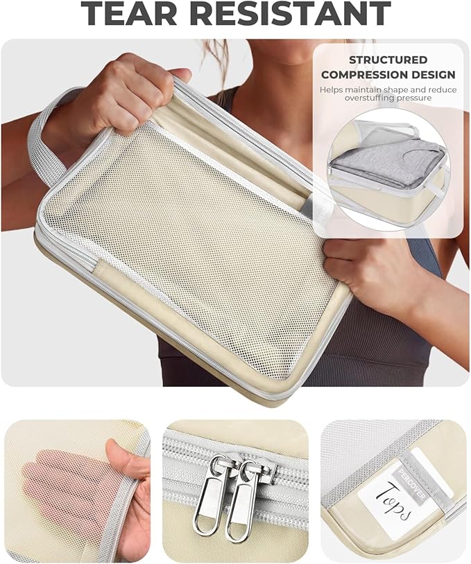 Percover Compression Packing Cubes for Travel, 6-Piece Structured Compression Organizer Set for Organized Packing & Carry-On Luggage, Beige