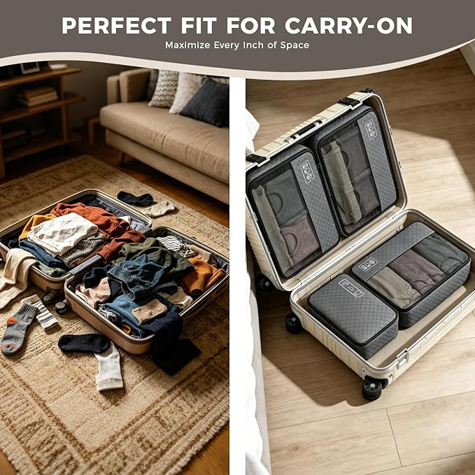 8-Piece Compression Packing Cubes for Travel, Ultralight Luggage Organizer Set with Double Zipper, Space Saving for Suitcase & Carry-On, Ideal for Business Trip Weekend Getaway - Gray