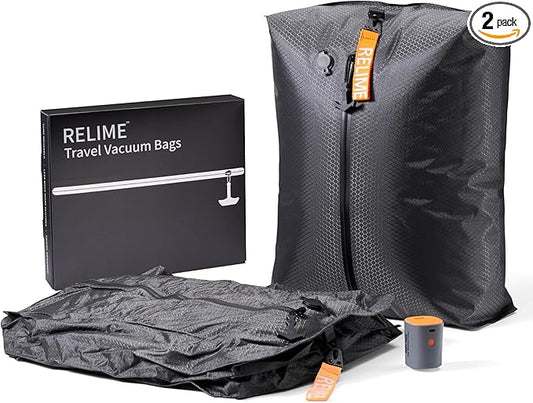 Relime Classic Series Vacuum Bags for Travel Luggage with Wireless Pump, Compression Bags for Carry On Suitcases and Backpack, Vacuum Seal Packing cube for Cloth Packing (2PC + PUMP)