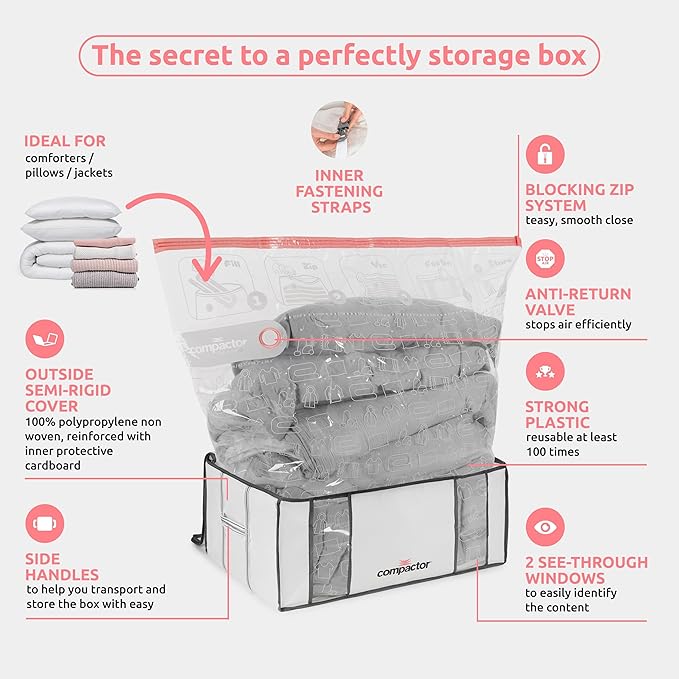 Compactor Vacuum Storage Bag with Semi-Rigid Box, Closet Organizer, Vacuum Seal Bags for Clothing and Bedding, Fits All Vacuum and Nozzle Types, 210L, White, XXL