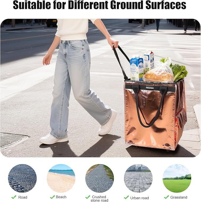 (Medium,Rose Gold) Reusable Grocery Bag on 4 Wheels, Foldable Rolling Tote Bag with 3 Handles and Zipper, Storage Organizer for Groceries, Rolling Shopping Cart for Travel, 76lb