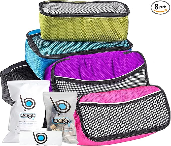 bago 8 Pcs Packing Cubes for Travel - 5 Travel Packing Cubes for Suitcases with 3 ZipLock Bags, Luggage Organizer Bags to Get Maximum Storage, Save Time & Effort to Pack (Black Blue Purple Green Pink)