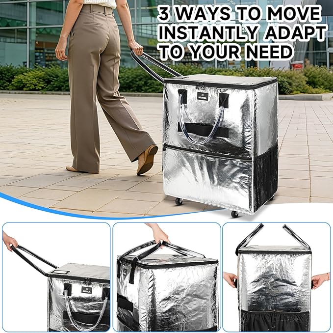 Reusable Grocery Bag On Wheels, 70L Foldable Tote with 6 Pockets, 3-Way Carry & Sturdy Handles, Zippered Top, Folds Flat for Shopping, Camping, Moving, Medium, Silver