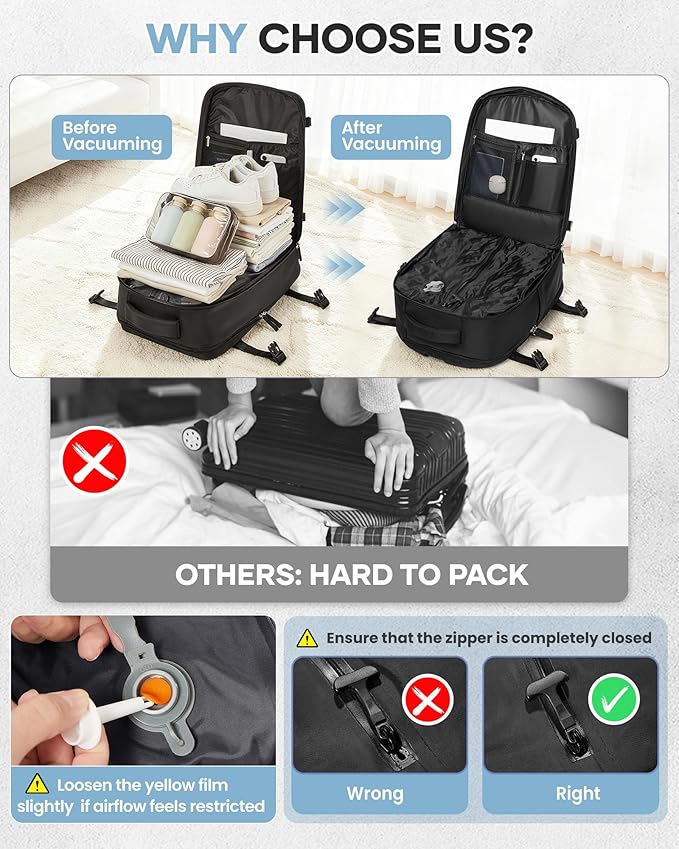 WONHOX Vacuum Seal Backpack for Travel with Air Pump Daypack Carry on Flight Approved Compression Laptop Space Saver Bags Storage with Vacuum System 18x14x8 inches Travel Essentials Bag Women Black