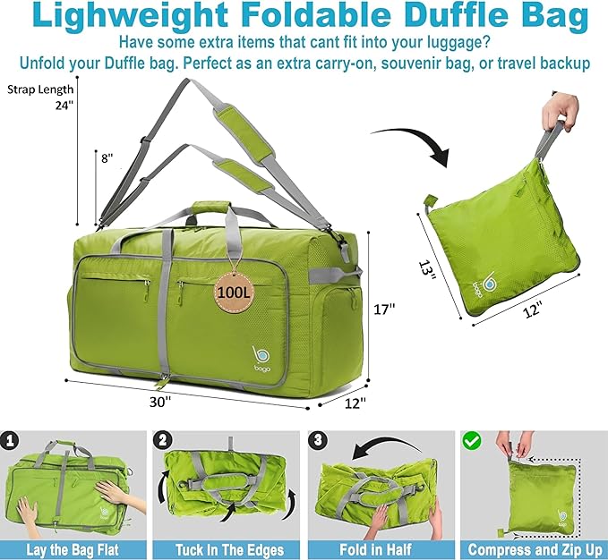 Bago Large Duffle Bag for Travel Women & Men. Durable Lightweight Foldable Travel Duffel Bags For Traveling Women. 100L Duffle Bags for Overnight Bag With Shoe Compartment Collapsible Weekender duffel