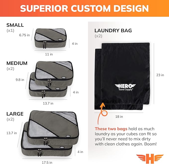 HERO Packing Cubes for Travel (Set of 5) Luggage Organizer with 2 Laundry Bags, Versatile Suitcase Organizer for Men & Women – Travel Accessories for Carry On, Airplane, Road Trip