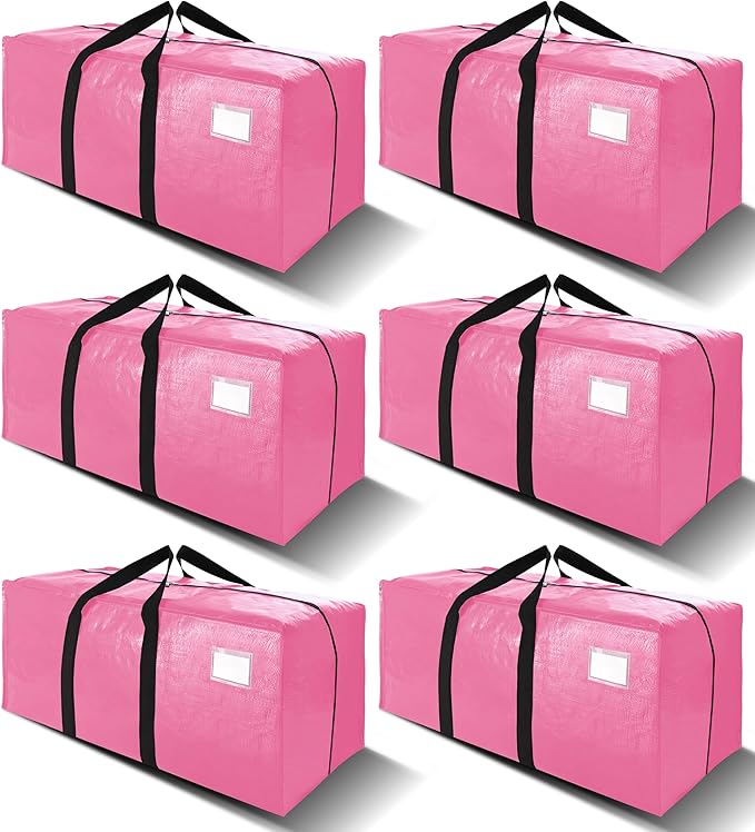 VELVETSURE 6 Pack Heavy Duty Large Moving Bags W/Backpack Straps - Strong Handles & Zippers, Storage Totes For Space Saving, Fold Flat, Alternative to Moving Box and Storage Bin, Pink