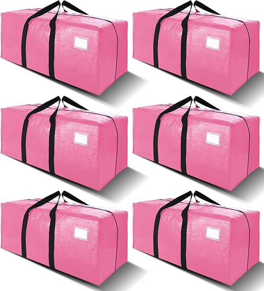 VELVETSURE 6 Pack Heavy Duty Large Moving Bags W/Backpack Straps - Strong Handles & Zippers, Storage Totes For Space Saving, Fold Flat, Alternative to Moving Box and Storage Bin, Pink